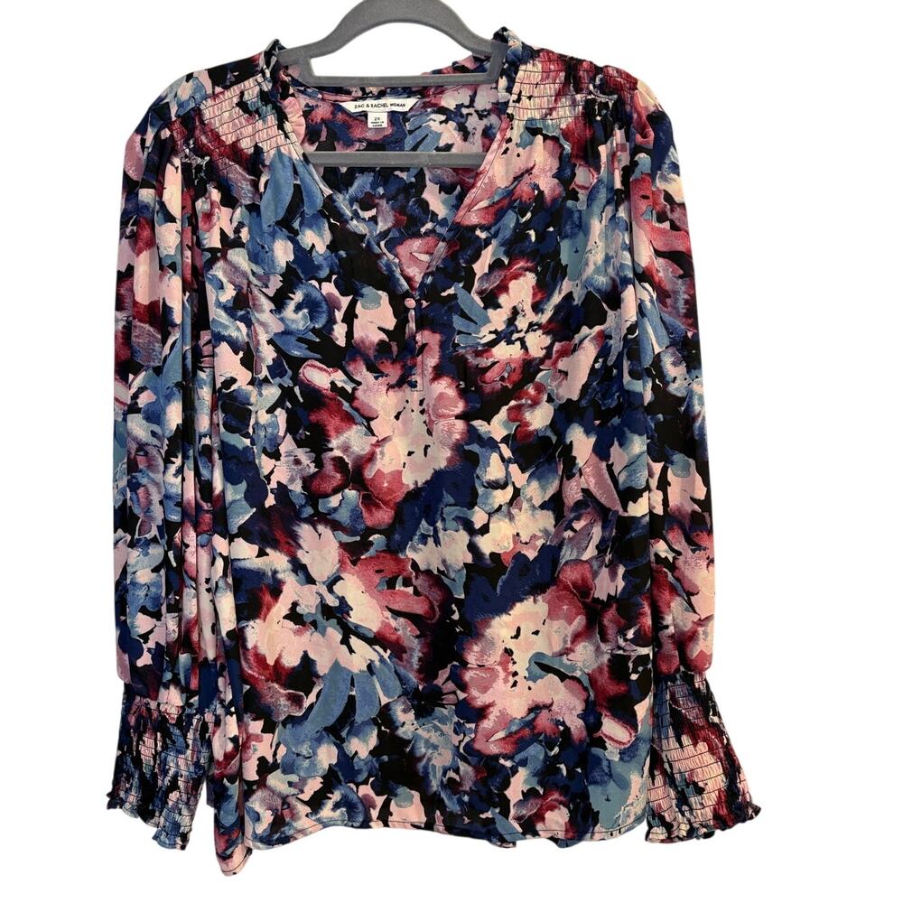 Zac & Rachel Woman 2X PLUS Pink Blue Floral Blouse Smocking Artsy Creative